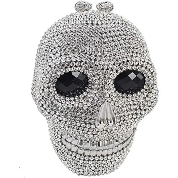 NWT Sparkling Bling Crystal Rhinestone Skull Clutch Purse Silver Gold +G… - Picture 9 of 11